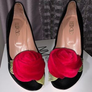 RED Valentino Black Velvet Rose Pumps